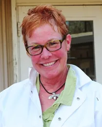 Cheryl Veretto, president of the Sonoma County Beekeepers' Association, was the first to take the practical test in the Laidlaw apiary. (Photo by Kathy Keatley Garvey)