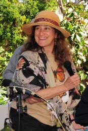 Mia Monroe of the Xerces Society wearing her monarch motif outfit. (Photo by Kathy Keatley Garvey)