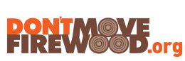 Logo for the "Don't Move Firewood" campaign featuring bold orange and brown text, with wood ring graphics.