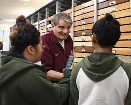 Bohart Museum associate Greg Kareofelas answers questions from open house visitors, prior to the COVID-19 pandemic. The Bohart Museum is currently closed due to the pandemic. (Photo by Kathy Keatley Garvey)