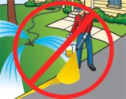 Illustration showing a man improperly spraying pesticides on the edge of a driveway, in a residential area, with a prohibition symbol overlay.