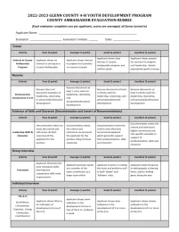 Glenn 4-H County Ambassador Evaluation Rubric 2022-2023