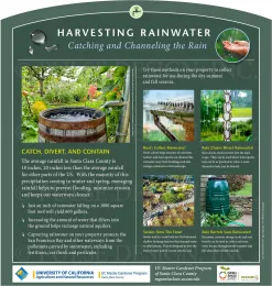 Informational sign about rainwater harvesting, featuring images of a wooden barrel, gutter systems, rain chains, and swales, with descriptive text about collection methods and benefits in agricultural practices.