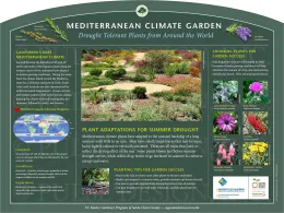 Informational sign about Mediterranean climate gardening featuring a colorful garden scene with drought-tolerant plants and educational sections on climate, plant adaptations, and gardening tips.