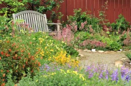 Bench lined with yellow, purple, pink and orange wildflowers.
