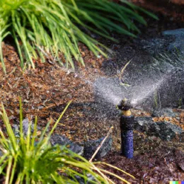 An irrigation sprinkler sprays water in an ornamental planting bed, surrounded by lush green grass-like plants and textured soil.