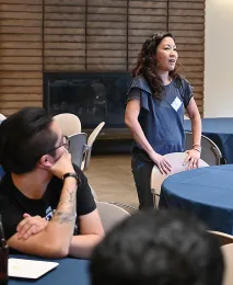 Newly selected department chair Joanna Chiu welcomes the crowd at the fall social. (Photo by Kathy Keatley Garvey)