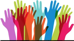 Raised hands of many colors