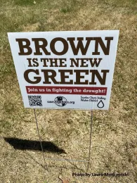 Brown is the new green lawn sign set up on a brown lawn