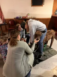 a group of people and a calf model