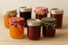 several jars of fruit spreads some with cloth bonnets on top