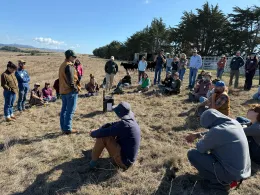 CCRC Attendees sit in a circle near cows in a field