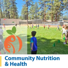 community nutrition logo and children playing a game on a field