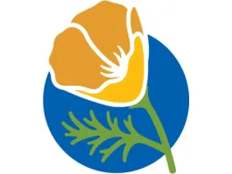 Master Gardener logo, a stylized orange California poppy on a blue background