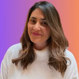 An image of PSU director Maya Maniar against a pink and purple background