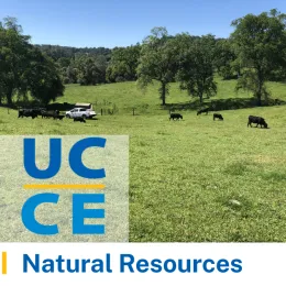 UCCE logo and a pasture with cows and a truck