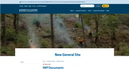 Screenshot of the University of California Agriculture and Natural Resources website showing a forest scene with prescribed burn activity and firefighters in the background, and a page titled “New General Site” with “IWP Documents” listed below.