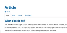 Screenshot of an article page with the heading “Article,” navigation options (View, Edit, Delete, Revisions), and a section titled “What does it do?” describing the Article content type.