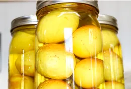 Jars with pickled eggs. 