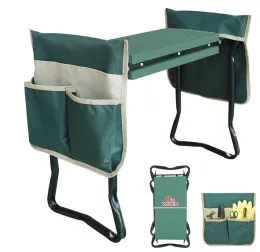 Green garden seat kneeler with tool pouches