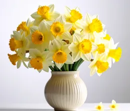 White vase with bouquet of white daffodils with yellow center on the table.