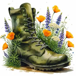 Olive drab boot surrounded by California native flowers - California poppy, lupine and yarrow