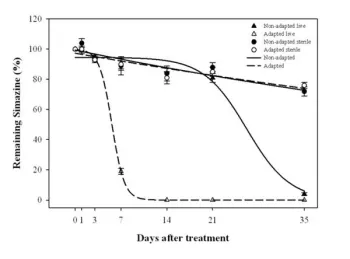 Simazine degradation in a laboratory assay. Soil collected from two raisin vineyards near Parlier Ca. The