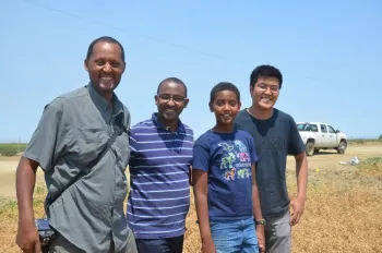 Teamrat Ghezzehei, Samuel Araya, Essey Afewerki, and Jing Yan, (left to right) at the NRI Project field in Five Points, July 12, 2017
