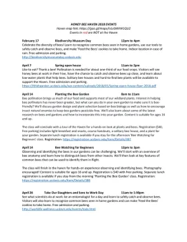 Honey Bee Haven February to April 2018 events