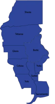 Blue map showing counties in Sacramento Valley region
