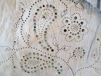 Holes filled with different colored leaves and petals.