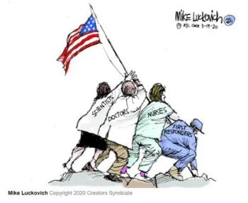 Cartoon of scientist, doctor, nurse, and first responder jointly raising a US flag.