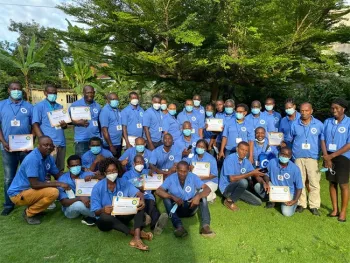 Public health educators representing the six health districts in São Tomé at the completion of a 4-day UCIMI training in preparation for a national community engagement program.