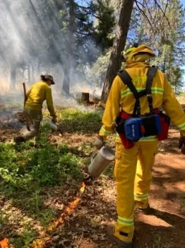 Newly appointed coordinator Kestrel leads volunteer from local fire department during ignitions on spring prescribed burn. May 2022. Photo by Susie Kocher.