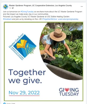 UC Master Gardeners in Los Angeles County posted a photo of a volunteer working at the USC Edible Healing Garden on Facebook.