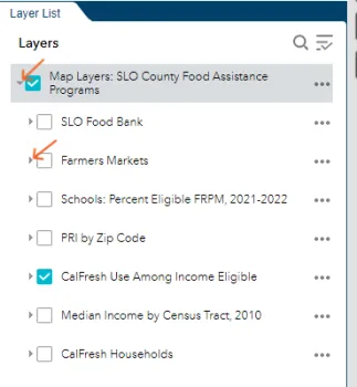 screenshot of the map layers available