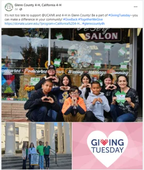 8 Glenn County 4-H member make hearts with their hands, 4 members stand on the steps of the capitol holding a banner of the 4-H pledge, and Giving Tuesday in a heart.