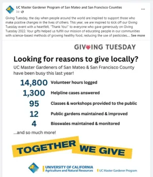 Looking for reason to give locally? UC Master Gardeners of San Mateo & San Francisco County have been busy this last year! 14,800 volunteer hours logged, 1300 hopline cases answered, 95 classes & workshops provided to the public, 12 public gardens maintained & improved, 4 bioswales maintained & monitored.