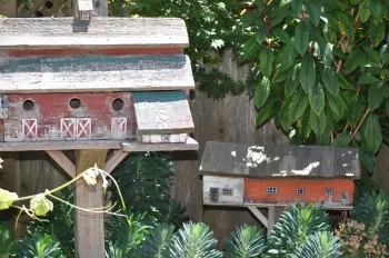 Rustic birdhouses in a garden