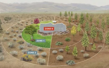 Overhead illustration of Living with Fire zones 0 to 2