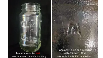 Hazel-Atlas vs Atlas jars pictured side by side. The Atlas jars are often used for pasta sauces and are not recommended for canning purposes. 
