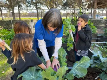 UC Master Gardener working with kids in a garden.