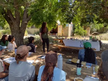 Someone giving a presentation in front of a seated audience.