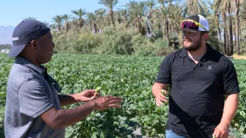 Especialista de UC ANR Phillip Waisen platica con el agricultor Enrique Berriozábal.