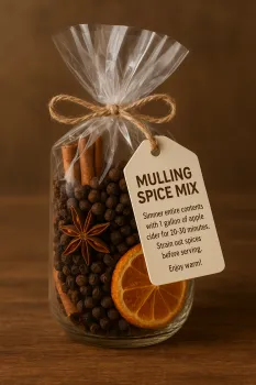 See through bag with spices and an instruction tag for the mullin spices