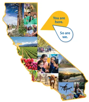 Outline of the state of California filled with various photos of UC ANR activities.