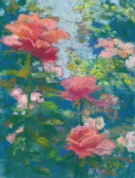 pastel drawing of roses in garden