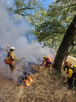 A group of people participating in a prescribed fire in an oak woodland.