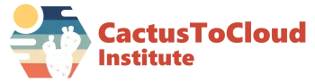 Cactus to Cloud logo with a multicolor sunset background and a small cactus in the foreground
