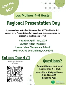 Green-themed flyer for Los Molinos 4-H's Regional Presentation Day on April 11, 2026, at Lassen View Elementary School. Entry due April 1. Contact info provided.